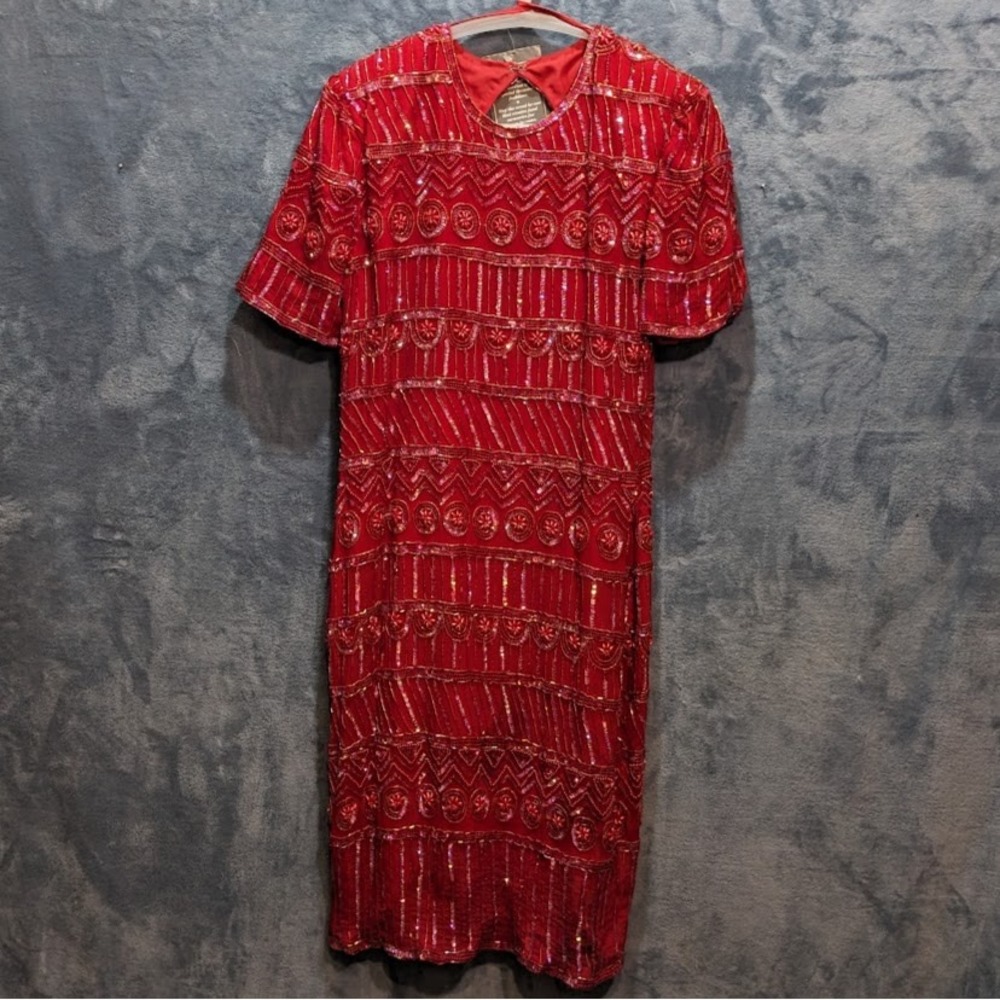 Vintage 1980s 1990s Jewel Queen Red Silk Beaded Sequin Shift Sheath Dress NWT S